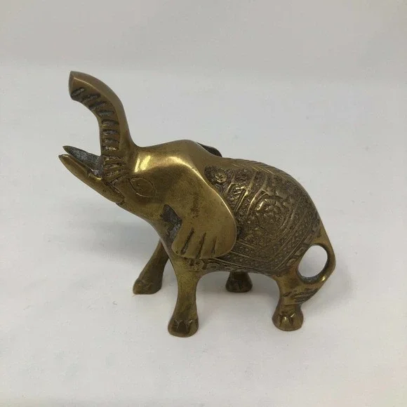 Vintage Small Solid Brass Elephant Raised Trunk Embossed Ornate MCM Figurine - Picture 2 of 11